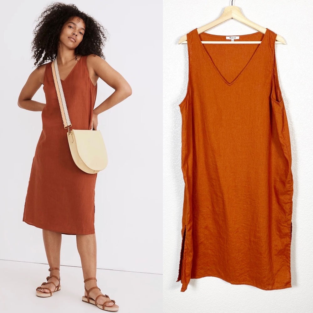 Madewell Womens Petite Linen Blend V Neck Tank Dress in Orange Size XXL Petite